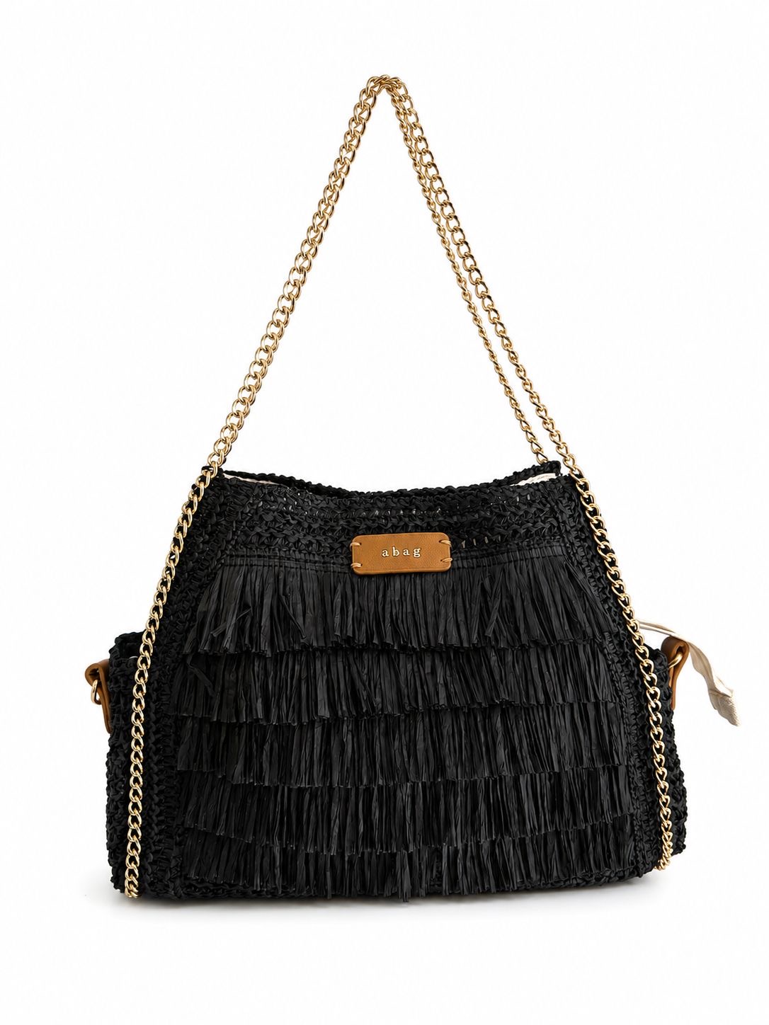 BOLSO DE HOMBRO CON FLECOS Y CADENA DORADA bolso negro asa