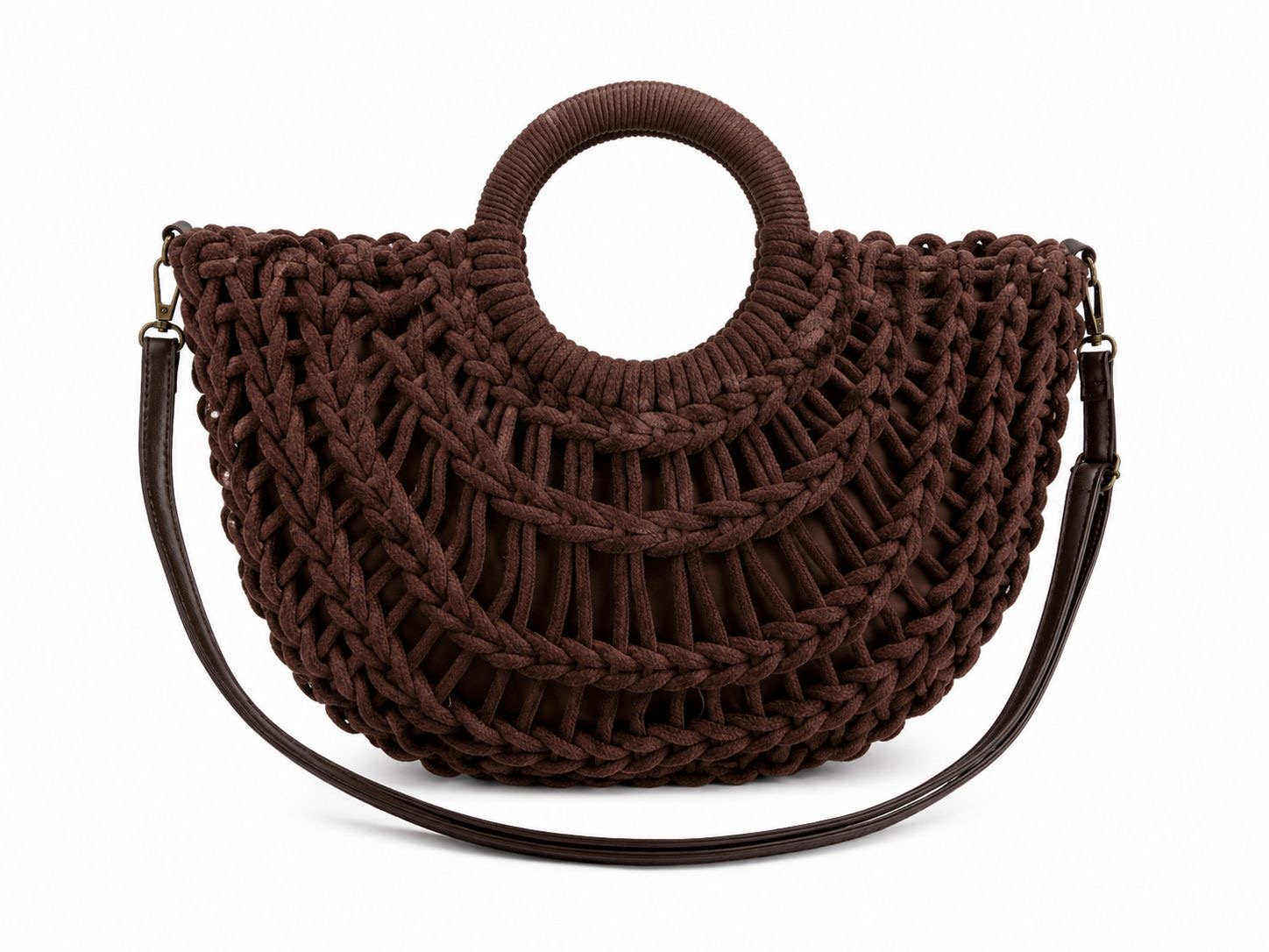 BOLSO SEMICIRCULAR TRENZADO MARRÓN bolso ovalado marron